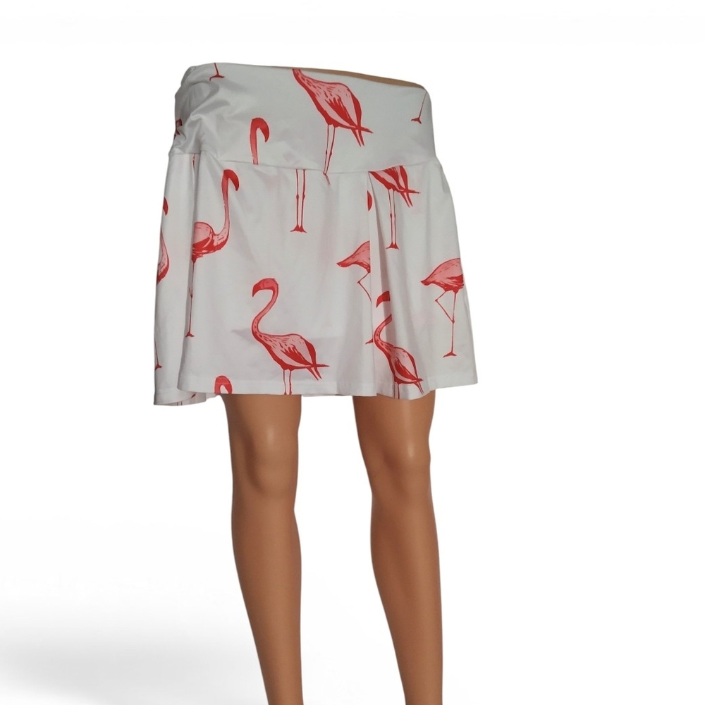 Women's Large Mini Skort White & Pink Flamingo Print